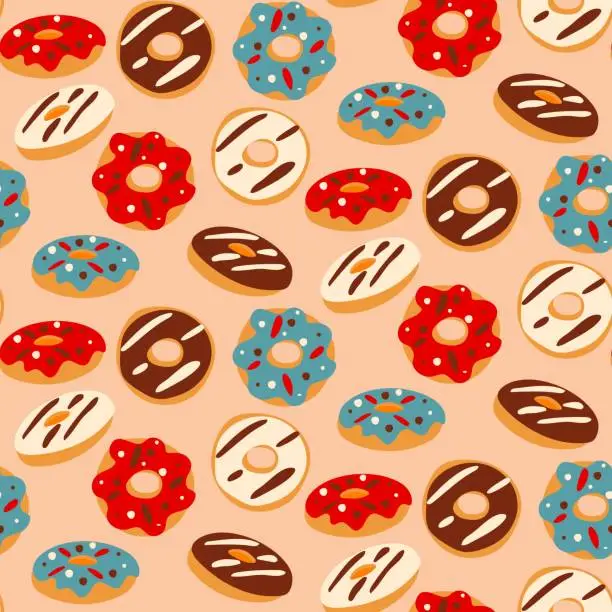 Vector illustration of A pattern of donuts. Color simple illustration of flying donuts with different glazes. Sweet summer seamless background with vector illustrations of donuts. Background for printing textiles and paper