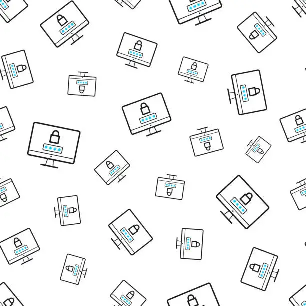 Vector illustration of Desktop computer with password. Seamless pattern. Line icons on white background