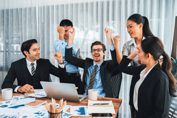 istock Diverse race office worker celebrate after made progress. Habiliment 2148235156