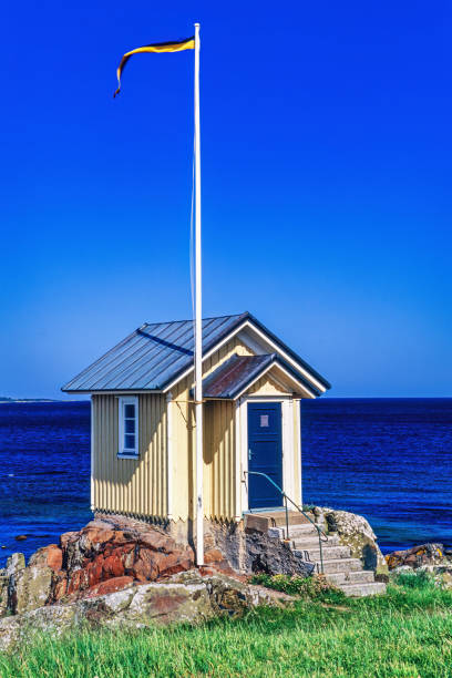 Torekov, Sweden-June, 2020: Idyllic little cottage by the beach