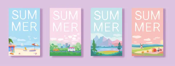 Vector illustration of Set of summer travel and vacation posters. Landscapes of sea resorts, mountains and fields. Road with trees and transport near the city. Template for poster, web page or banner. Flat vector