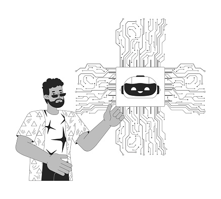 AI optimized hardware black and white 2D illustration concept. Intelligence artificial chip with black man cartoon outline character isolated on white. Microchip circuit metaphor monochrome vector art