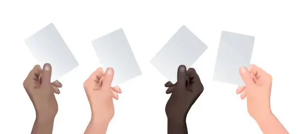 Vector illustration of Realistic Set of Diverse Human Hands Holding Paper and ID Card with Empty Space for Text. Multiethnic People Hands Element for Booklets, Banners, and Advertising. Vector Illustration.