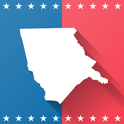 Map of Moore County - North Carolina, on a blue and red colored background. The blue color represents the Democratic Party and the red color represents the Republican Party. White stars are placed above and below the map. Vector Illustration (EPS file, well layered and grouped). Easy to edit, manipulate, resize or colorize. Vector and Jpeg file of different sizes.