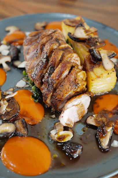 istock Close up pork loin steak served with pumpkin puree 2148237079