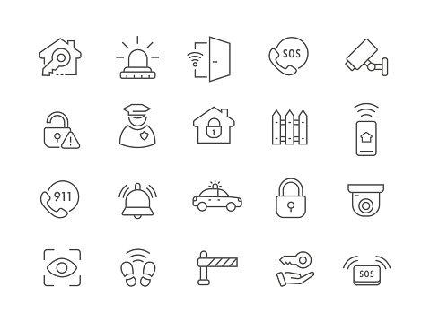Home security and protection. Alarm system. Security. A vector image. A set of linear icons.