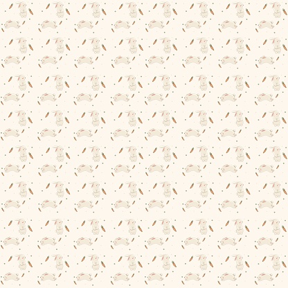 Seamless pattern with rabbit and carrot white vantage background. Cute hand drawn kids illustration.