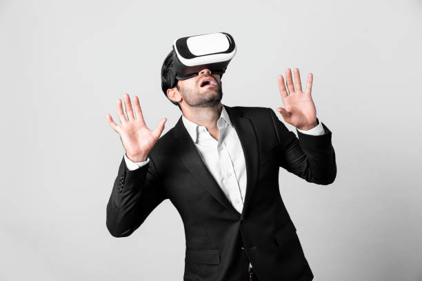 istock Close up of manager looking financial graph hologram from VR glass. Deviation. 2148237187