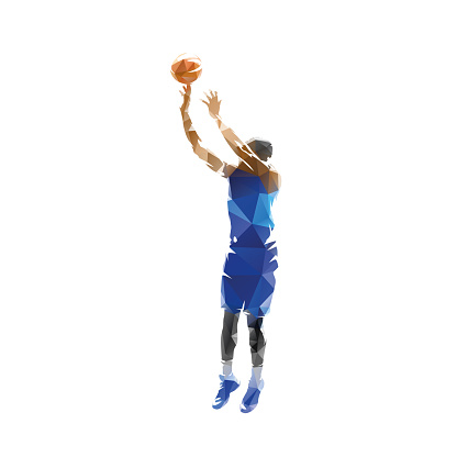Basketball player shooting ball, jump shot. Isolated low poly vector illustration
