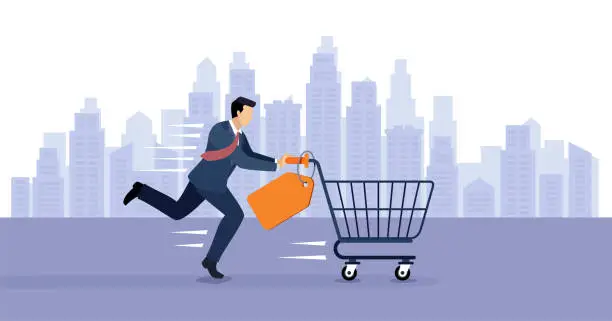 Vector illustration of Businessman pushing a shopping cart. Economy rising.