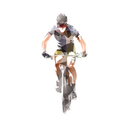 Cycling, man riding a mountain bike, front view, isolated low poly vector illustration