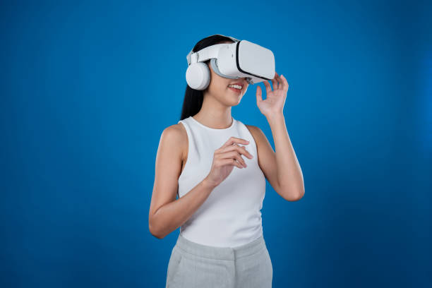 istock Elegant female stand excited seeing virtual scenery in metaverse. Hallucination. 2148237856