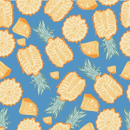 Blue background flat design seamless pattern with pineapples. Vector illustration