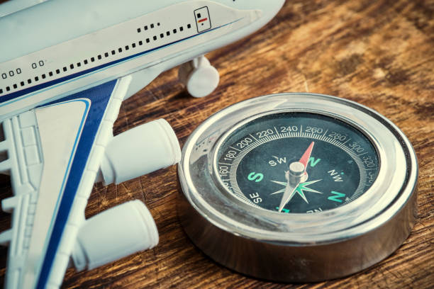 istock Airplane and compass pointing west. Concept air travel. 2148238677