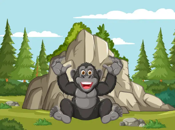 Vector illustration of A happy gorilla sitting by a large rock