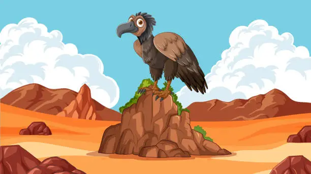 Vector illustration of Cartoon vulture standing on a rocky hill.