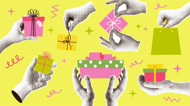 Halftone Y2k paper torn out collage elements set. Retro Creative Hands holding gift box. Event, holiday, birthday stickers. Vector illustration