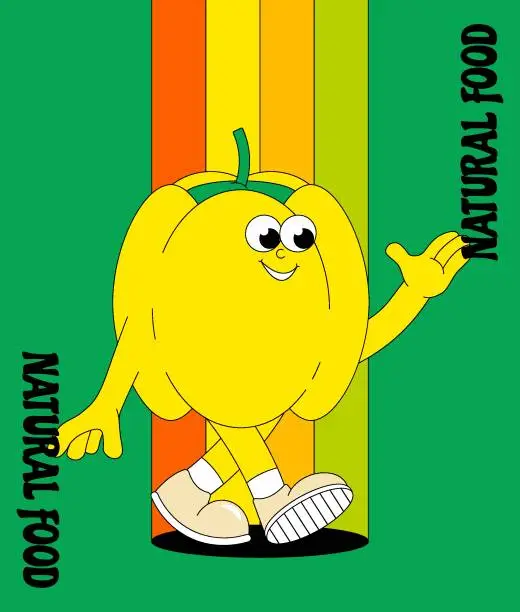 Vector illustration of Vegetable character Pepper. Retro groovy summer poster. Trendy funky comic mascot. Vector illustration 60s, 70s style.