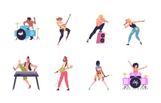 Vector illustration of Rock band characters. Rocker group musicians playing heavy metal music, men sing performing on keyboard guitar, cool drummer or singer on festival show, classy vector illustration