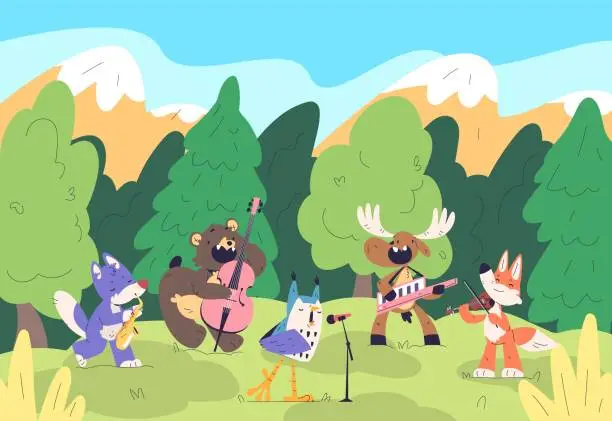 Vector illustration of Animal musicians band concert. Animals musician orchestra performing in forest, celebrating instrumental music party play saxophone fun nature characters classy vector illustration