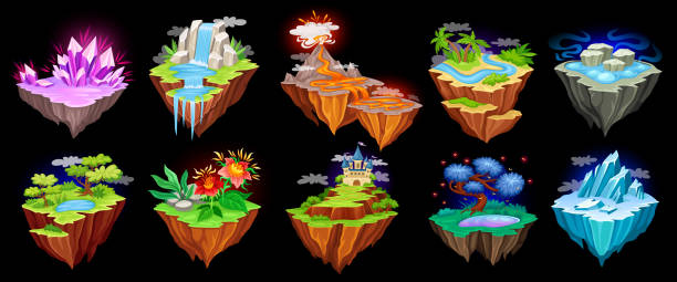 Fantasy islands. Gaming floating island nature, flying magical lifeless ground with volcano lava river rock stone or ice, game map land planet platform vector illustration of fantasy game Fantasy islands. Gaming floating island nature, flying magical lifeless ground with volcano lava river rock stone or ice, game map land planet platform vector illustration of fantasy game island fantasy island waterfall stock illustrations