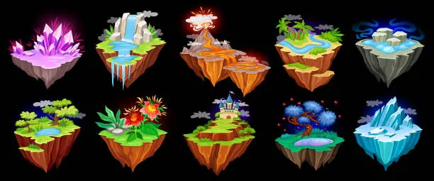 Vector illustration of Fantasy islands. Gaming floating island nature, flying magical lifeless ground with volcano lava river rock stone or ice, game map land planet platform vector illustration of fantasy game