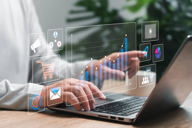 istock Digital marketing and technology media website ad, email, social network, SEO, video in virtual screen concept, A man using laptop management marketing online with AI, Business Development, Target 2148240543