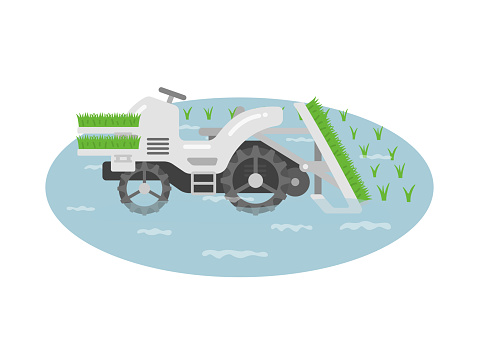 Illustration of a rice transplanter planting seedlings.
