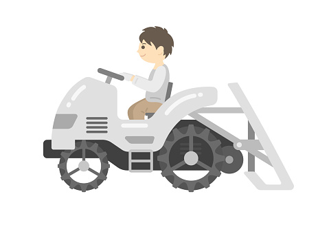 Illustration of a man operating a rice transplanter.