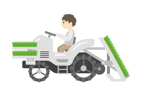 Illustration of a man operating a rice transplanter loaded with seedlings.