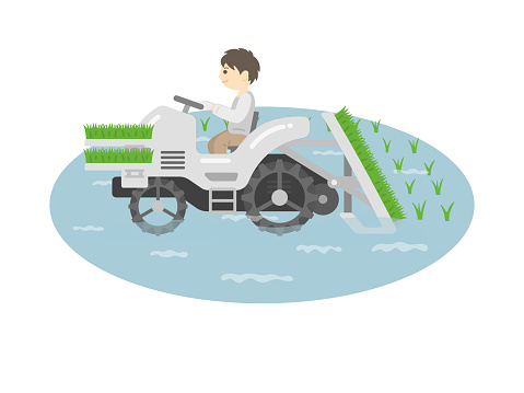 Illustration of a man operating a rice transplanter planting seedlings.