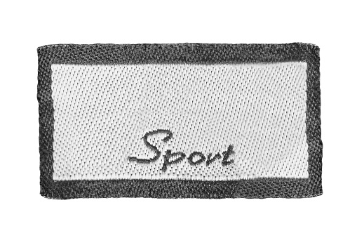 Clothes label patch says sport isolated on white background