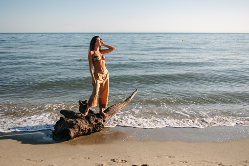 A young attractive woman posing on a log on a beautiful morning by the sea