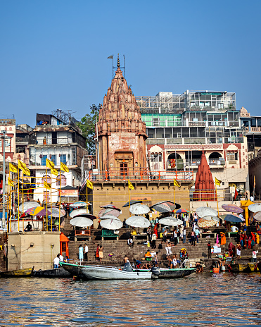 Ancient temple on Prayag ghat near Dashashwamedh ghat on bancks of river Ganges in Varanasi.