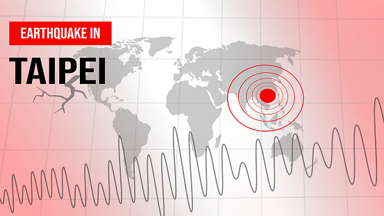 Earthquake in Taipei background with alarming red seismography and mark on the map, backdrop. Strong earthquake news concept design