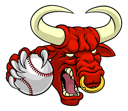 A bull or Minotaur monster longhorn cow angry mean baseball mascot cartoon.