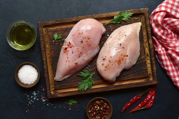 istock Raw chicken fillet or breasts with ingredients for cooking. Top view with copy space. 2148242509