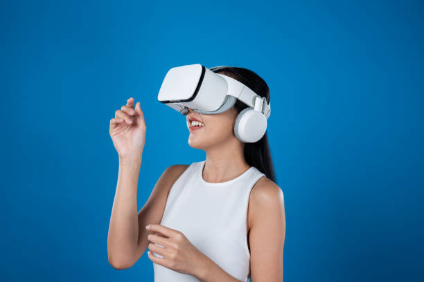 istock Elegant female stand excited seeing virtual scenery in metaverse. Hallucination. 2148242560