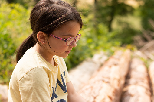 A small beautiful girl with glasses and a ponytail, smiling, sits on the sawn trunks of a pine tree. BLUR natural background