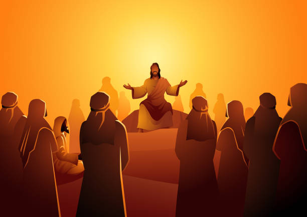 Biblical Silhouette Jesus Teach Followers Biblical silhouette illustration series, Jesus sits atop a rock, surrounded by his followers, and gives wisdom and counsel in the peaceful outdoors Worshipper stock illustrations