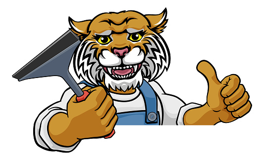 A wildcat cartoon mascot car or window cleaner holding a squeegee tool peeking round a sign and giving a thumbs up
