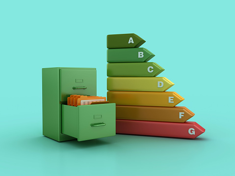 Archives with Folders and Efficient Energy Diagram - Colored Background - 3D Rendering
