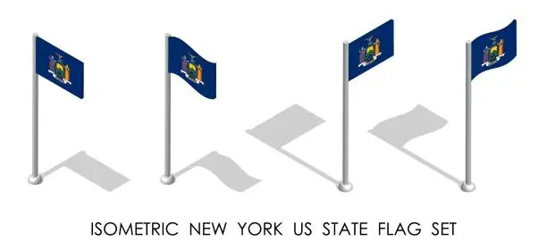 Vector illustration of Isometric New York US state in static position and in motion on flagpole. New York map pin mark. 3d vector isolated on white background