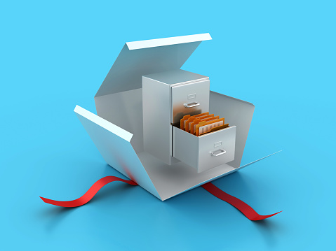 Archives with Folders and Gift Box - Colored Background - 3D Rendering