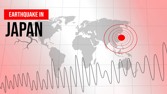 Earthquake in Japan news background with seismogram graph and alarming red color, backdrop