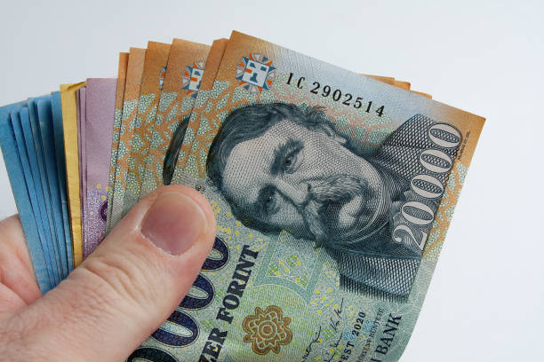 A close-up view of an open emerald green wallet containing Hungarian Forint currency, including 500  and 1000  banknotes in red and blue tones, along with assorted metal coins, arranged on a plain white surface. The image captures the texture of the velvety wallet material and the detailed security features on the bills, such as watermarks and intricate patterns. No people are present. This stock photo suits commercial applications in financial reporting on Hungarian economy, travel guides for Eastern Europe, banking advertisements, or educational content about international currencies. It can illustrate themes of savings, foreign exchange, or personal finance in media publications targeting authors and companies focused on global business and tourism.