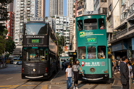 Hong Kong - April 10, 2024 : Happy Valley Tram Terminus in Hong Kong Island, Hong Kong. It provide services to Kennedy Town, Western Market, North Point, Whitty Street, Causeway Bay and Shau Kei Wan.