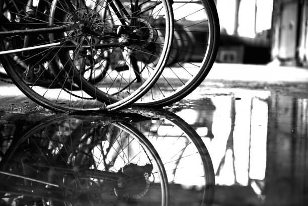 Black&white photo of bicycles and reflection of their wheels in the water