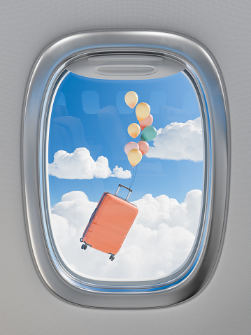 3D rendering of an orange suitcase tied to colorful balloons, floating outside an airplane window, against a backdrop of fluffy clouds. Travel adventure concept.