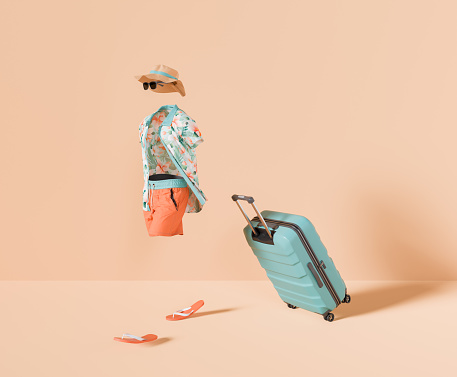 3D rendering of an invisible person styled in summer attire with a suitcase against a pastel-colored studio background. Travel concept.